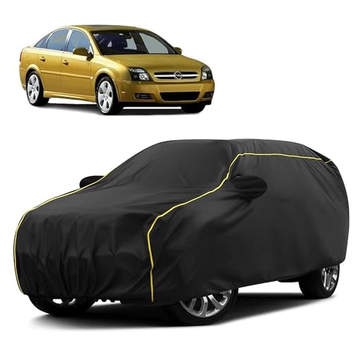 Image of Sulfar 100% Water Resistant Car Body Cover Compatible with Mirror for Opel Vectra (Triple Stitched, Full Bottom Elastic, Black Taffeta with Yellow Piping)