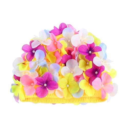 Image of Housoutil Flower Swimming Caps, Floral Swim Cap Women, Vintage Flower Swimming Hat with Handcrafted Petals, Soft Fabric Breathable Bathing Hat for Pool Spa Accessorizing (Pink)