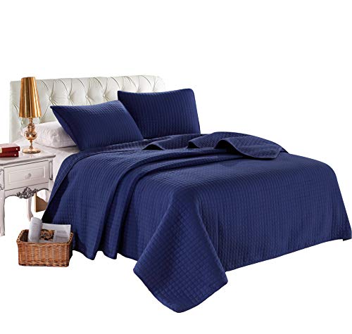 Twin Navy Blue Solid Color Box Stitch Quilted Bedspread Coverlet 68 By 86 Inches Plus 2 Standard Shams 20 By 26 Inch Breathable Reversible Bed Cover For Homes,Hotels,Motels, Rentals 4 Lbs #TOP9