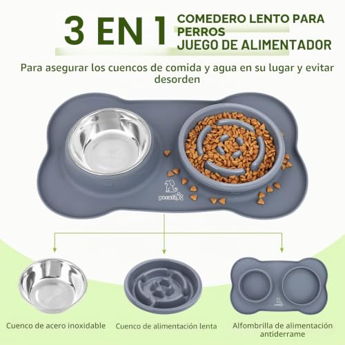Comedero antivoracidad Pecute con el cuenco de acero desmontado de la alfombrilla de silicona