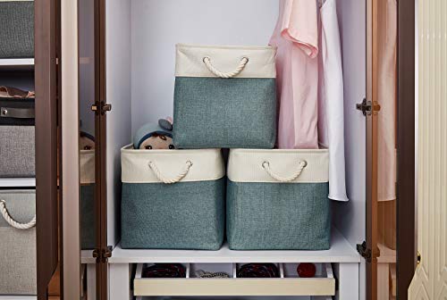 Image of DECOMOMO Cube Storage Organizer Bins | Box Storage Cube Basket with Handles Fabric Cloth Bins for Organizing Shelf Nursery Home Closet (Green & White, 13 x 13 x 13 inch - 3 Pack)