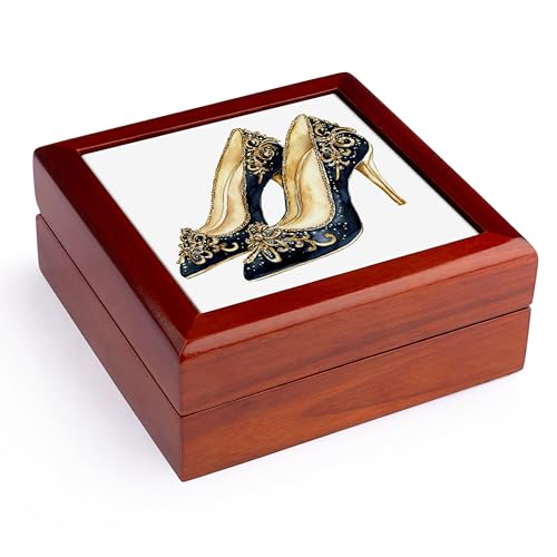 3dRose, Fancy Black and Image Of Gold Formal High Heel Shoes, Jewelry Box 5.5x5.5 inch with 4 inch tile