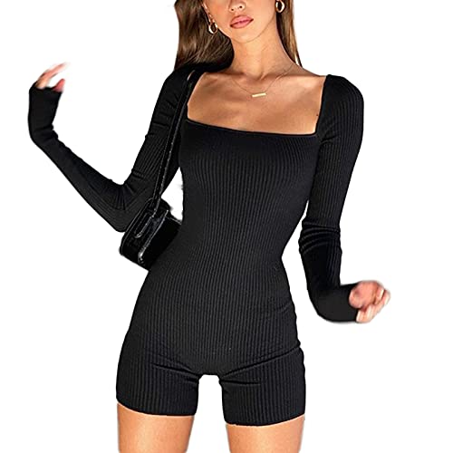 Luckinbaby Womens Sexy Y2K Long Sleeve Bodycon Jumpsuit Ribbed Knit Square Neck Romper Shorts Cute Slim One Piece Playsuit(Ribbed Black,S) #TOP13