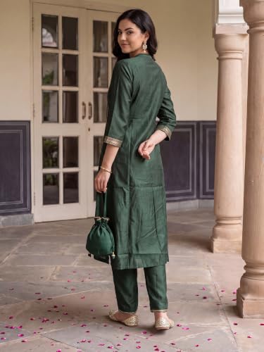 Image of INDO ERA Women's Liva Woven Design Zari Work A-Line Kurta & Pant with Dupatta Set | Kurta Set