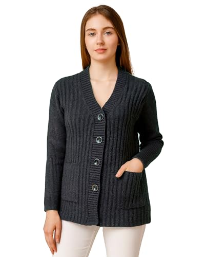 Image of MANRA Women's Woolen V-Neck Buttoned Full Sleeve Cardigan Self Design Soft Wool Fabric Winter Wear Pure Wool Sweater Fully Warm with Front Pockets Stylish Cardigan