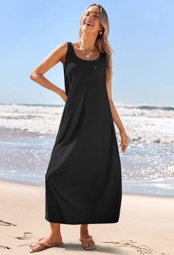 MEROKEETY Women's Casual Maxi Sundress 2025 Summer Beach Dress Scoop Neck Sleeveless Loose Tank Dress, Black, Medium - Image 3