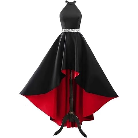 Halter Satin Prom Dresses Long High Low Beaded Ball Gowns for Women 2025 A-line Formal Dress Wedding Evening Party Gown with Pockets Black+Red-16 Cover