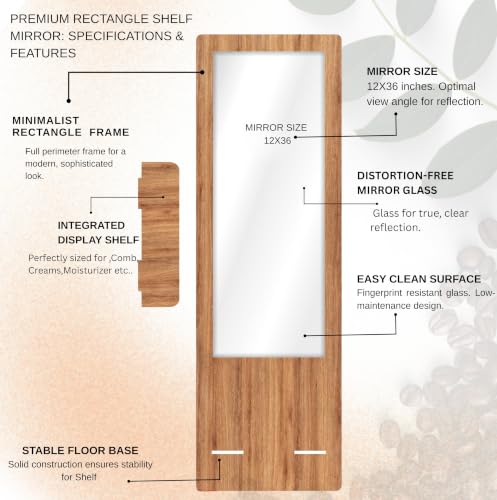 Image of Creative Arts n Frames Full Length Long Wall Mount HD Mirror with Shelf for Bedroom Bathroom Living Room Home Office Decor(15x47 inch Framed Mirror with Shelf Rectangular Natural Iqurel Oak Light)