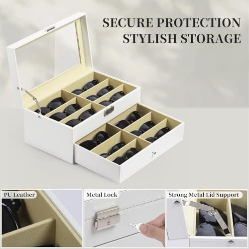 Image of AUTOARK Leather 12 Piece Eyeglasses Storage Display Case,White,AW-053 | Sunglass Organizer,Drawer Lockable,Display Drawer