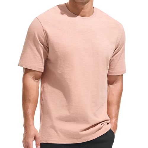 KLIEGOU Men's 100 Cotton Loose Fit Thick T-Shirt Heavy Weight Crewneck Tees for Men Pink XXL
