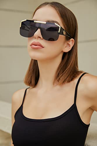FEISEDY Square Oversized Sunglasses for Men Women, Flat Top Shield One Piece Lens Sun Glasses Shades B27652