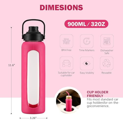 Image of 32 oz Glass Water Bottle with Straw - 2 Lids (Bamboo & Spout Lid), 1L Motivational Borosilicate Glass Daily Water Intake Bottle with Time Marker, Silicone Sleeve for Home Office-Rose Red