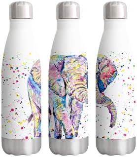 Elephant Adult Wild Animals Watercolour rainbow art Bottle double Wall insulated Stainless steel sport Drinks 500ml WHITE Gift ideal for school work office Oudoor sports keeps Hot and Cold Drinks