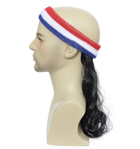 Image of Mullet Wig with Red White Blue Headband, 70s 80s Retro Curly Wig for Men Women, Perfect for Halloween, 80s Themed Parties, Cosplay Costume (Black)