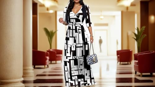 Image of Women's Church Maxi Wrap V Neck 3 /4 Sleeve Tie Waist Plus Size Long Dress | Flattering wrap V-neck design enhances curves. High elastic tie waist accentuates the slimmest part, hides tummy.