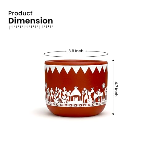 Image of Urban Plant Tribal Utsav Virasat Terracotta Pot with Drainage Hole (4.7 Inch) | Hand-Painted Ethnic Warli Design Planter | Ideal for Home Decor, Tabletop & Gifting