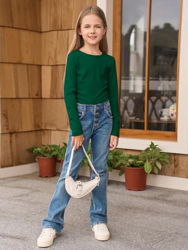 Image of Haloumoning Girls Long Sleeve Shirts Crewneck Ruched Side Slim Fit Tops Ribbed Knit Casual Tee Shirt 4-15 Years