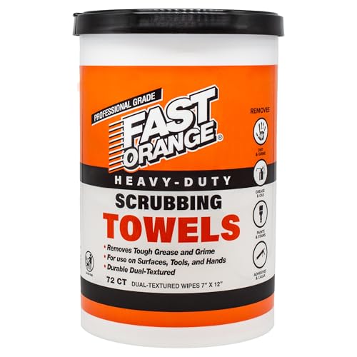 Fast Orange Heavy Duty Scrubbing Towels Removes Tough Grease, Grime, Paint, Resins, Glue and More, for Hands, Tools and Surfaces Without Sticky Residue, 72 ct