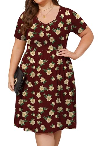 Image of DB MOON Women Plus Size Dresses 2026 Summer Casual V Neck Short Sleeve Knee Length Dress with Pockets