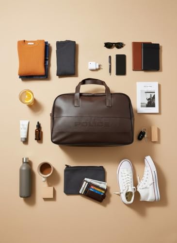 Image of Police Men's Brown Vegan Leather 40 L Duffle Bag | Premium Travel & Gym Bag | Top Handle Carry | Spacious & Durable Design (Dark Brown)