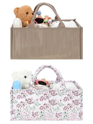 Shinylin 2 Pcs Diaper Caddy Organizer New Mom Gifts Stylish Brown Diaper Caddy Basket Floral Pastoral Daisy Nursery Storage Organizer Baby Shower New Parents Gifts for Baby Newborn Essentials