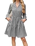 Theenkoln Womens Casual Midi Dress: Short Sleeve V-Neck Empire Waist Gingham Spring Fashion Trendy Trendy Tiered Formal Dresses Black Small