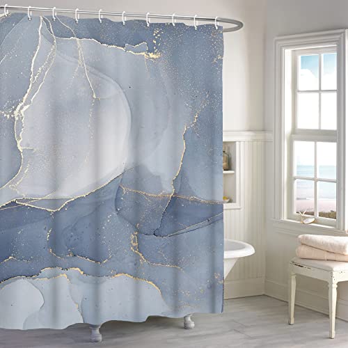 MIRRORANG Rideau de Douche en marbre Bleu doré, Rideau de Douche de Couleur Mixte Texturé Aquarelle de Luxe, Gris Bleu Abstrait Moderne Encre Art Rideau de Douche 12 Crochet Set,183x183cm