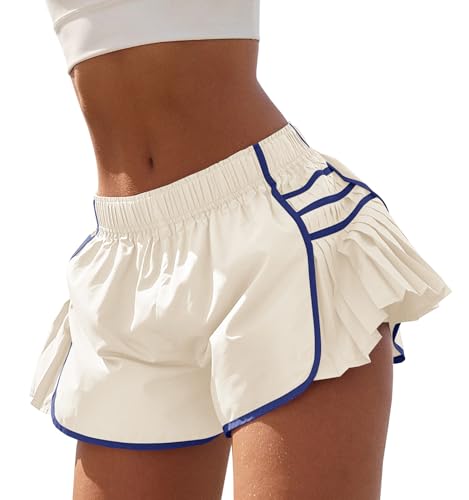 Fisoew Womens Workout Gym Shorts Running Pleated Contrast Stitch Elastic Waist Athletic Quick Dry Shorts