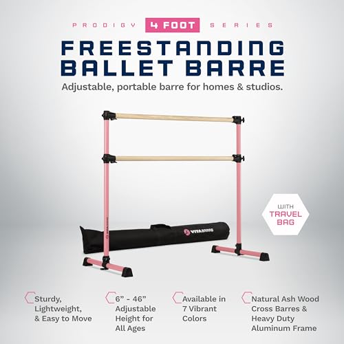 VITA Barre Portable Freestanding Double Ballet Barre, Prodigy, 4 Ft Bars, Light Pink, with Bag | Adjustable Height, USA Made, Home or Gym Exercise Equipment for Kids & Adults | Dance, Fitness, Pilates