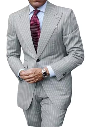ORBITRAY Men's Pinstripe Suits 2 Pieces Notch Lapel Regular Fit Tuxedos Groomsmen for Wedding (Blazer+Pants)2