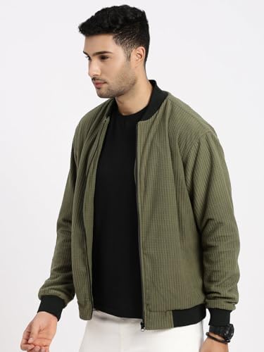 Image of SHOWOFFFF Men Solid Bomber Jacket | Mock Collar Full Sleeves Nylon Jacket for Mens | Slim Fit Regular Length Jacket for Men's