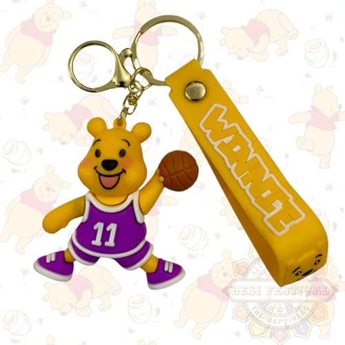 Desi Festival® Cute 3D Keychain | Keyring & Quirky Bag Charm | Hard Silicone, Unbreakable | Travel Essential | Kids Friendly | Strap & Bag Hook (Pooh Basketball)