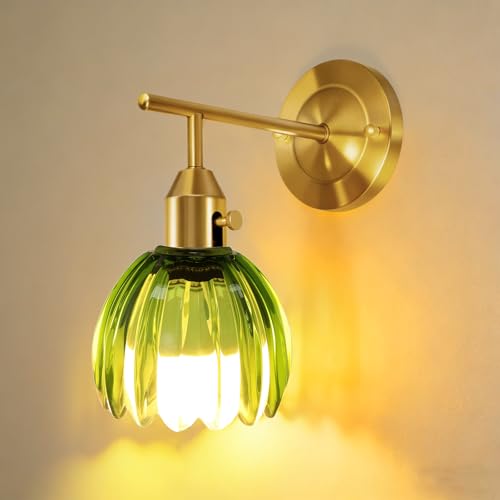 Image of Vintage Gold Wall Sconces with Green Tulip Glass Lampshade, Hardwired Wall Lamp (2 Usage Methods), Brass Sconces Hradwired Modern Wall Light Fixture for Bedroom Living Room