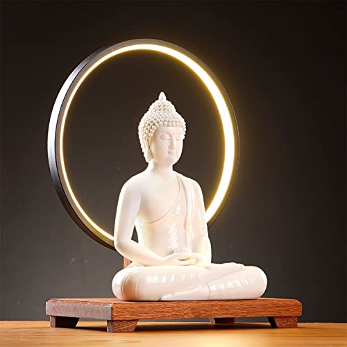 Houlu 12FODENG-W 12 In White Buddha Statue And 15.74 In Led Circle Table Lamp thumb #2