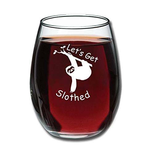 Let's Get Slothed Funny 15 oz Stemless Wine Glass - Unique Sloth Birthday Gift Ideas For Men or Women - Sloth Lover Gifts for Him or Her - Novelty Gifts for Office Coworker or Best Friend