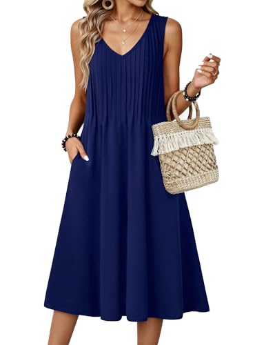 Image of Zeagoo Women Summer Casual Dresses 2026 Sleeveless Midi Pleated Tank Sundress with Pockets V Neck A Line Swing Tshirt Dress