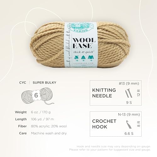 Image of Lion Brand Yarn Wool-Ease Thick & Quick Yarn, Soft and Bulky Yarn for Knitting, Crocheting, and Crafting, 1 Skein, Peanut | Super Bulky Wool Acrylic Blend Fiber for Soft Hats, Sweaters, Chunky Blankets, Yarn for Crochet, Knitting, Crafts, Weaving