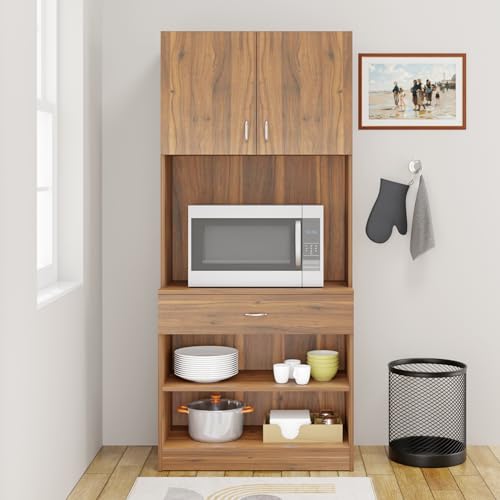 Image of VIKI Furniture | Kitchen Cabinet - Drawer with Doors & Open Shelves, Organizer for Kitchen, Bedroom, Hallway & Living Room (Brussel Walnut - 40D x 80W x 180H cm) | 1 Year Warranty