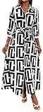 Office to Vacation: Women's Black White Geometric Print Shirt Dress, 3/4 Sleeve Maxi -1 X-Large