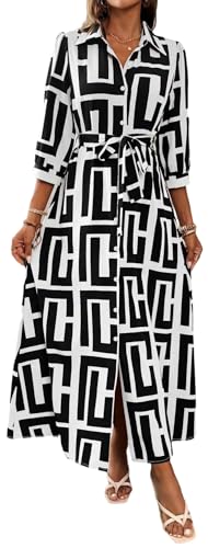 Office to Vacation: Women's Black White Geometric Print Shirt Dress,