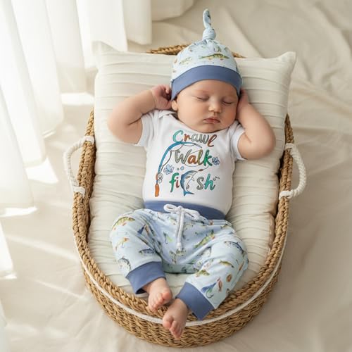 Image of Amnnchya Newborn Baby Boy Clothes Fishing Short Sleeve Romper Shirt Tops Pants Summer Spring Outfits Cute Hat Set