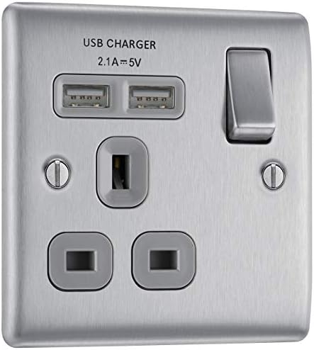 BG Electrical NBS22G-01 Double Switched Power Socket, Brushed Steel, 13 Amp