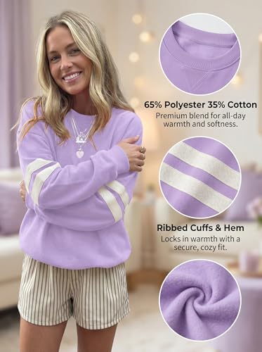 KevaMolly Women Varsity Striped Drop Shoulder Sweatshirt Light Purple L — view 5