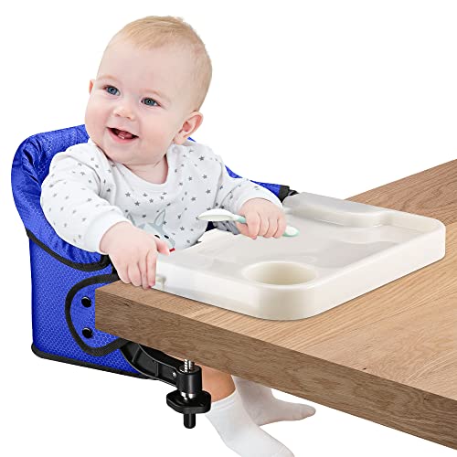 Image of Toogel Hook On High Chair with Tray, Foldable Travel Clip Seat 6-36M, Blue | Safety Harness, BPA-Free, Non-Slip Clamp Fits Most Table, Anti-Tear Wash Fabric, Carry Bag, Quick Install for Home Restaurant