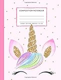 Composition Notebook: Cute Rainbow Unicorn Face Pink Gold Wide Ruled Primary Copy Book, SOFT Cover Girls Kids Elementary School Supplies Student Teacher Daily Creative Writing Journal, 110 Pages