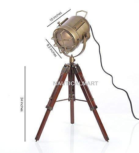 Robin Exports Vintage Industrial Style Brown Brass Finish Teak Wood Tripod Table Lamp Rustic Vintage Home Decor Gifts #TOP2