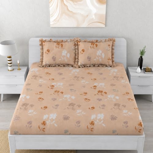 Image of 350 TC Premium Heavy Cotton Feel Elastic Fitted Bedsheet King Size with 2 Frill Pillow Covers King Size || Double Bed with All Around Elastic (Honey Blossom, Queen)