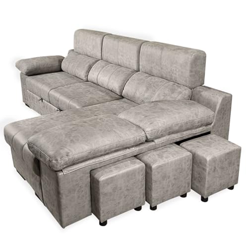 Somnia Descanso - Chaise Longue Sofá Cama con Puffs Modelo Loira, Diseño Moderno, Práctico y Funcional, con Reposabrazos, Color Gris