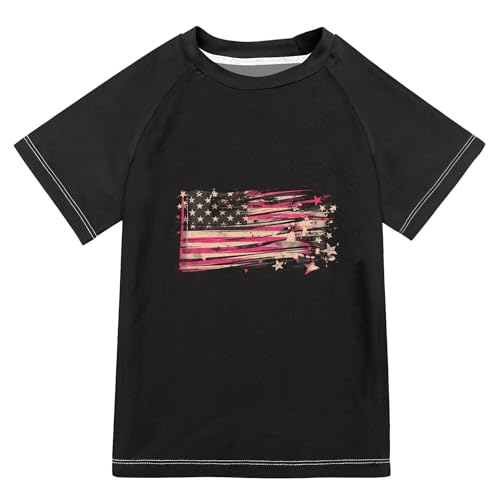 Wudan Distressed Pink American Flag Stars Bathing Suit Girls Short Sleeves Girls Rashguard Swimwears Sports Shirts for Big Boy 4T