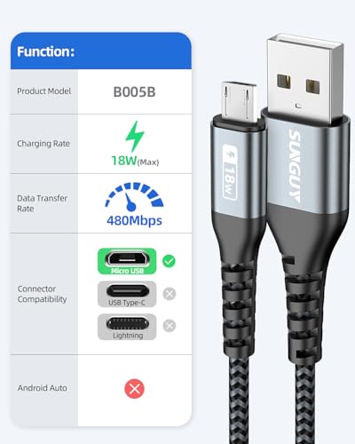 Image of SUNGUY Micro USB Cable 1FT[3Pack] Short Braided USB 2.0 Micro Fast Charging and Data Sync Cord for Samsung Galaxy S7 Edge S6,Moto G5 G5S Plus,Sony Xperia Z3 Z5(Gray)